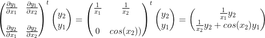 \begin{pmatrix}\frac{\partial y_1}{\partial x_1} & \frac{\partial y_1}{\partial x_2} \\\\ \frac{\partial y_2}{\partial x_1} & \frac{\partial y_2}{\partial x_2} \end{pmatrix}^{t} \begin{pmatrix} y_2\\y_1 \end{pmatrix} = \begin{pmatrix}\frac{1}{x_1} & \frac{1}{x_2} \\\\ 0 & cos(x_2)) \end{pmatrix}^{t} \begin{pmatrix} y_2\\y_1 \end{pmatrix} = \begin{pmatrix} \frac{1}{x_1}y_2\\\frac{1}{x_2}y_2+cos(x_2)y_1 \end{pmatrix}